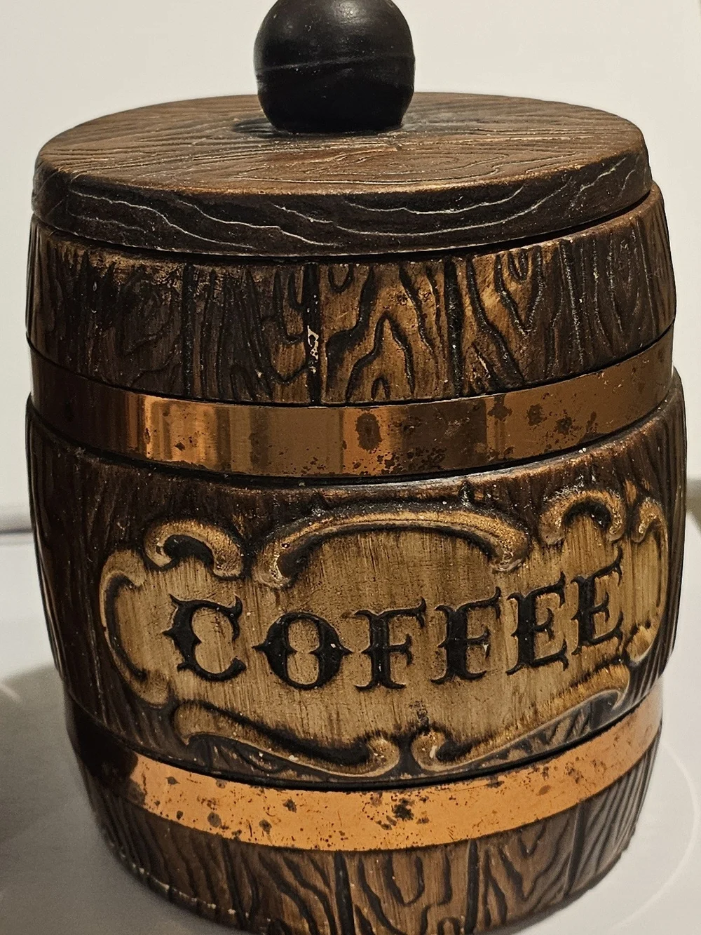 Vintage Treasure Craft Wood Grain Barrel Ceramic Canisters - Brown & Gold